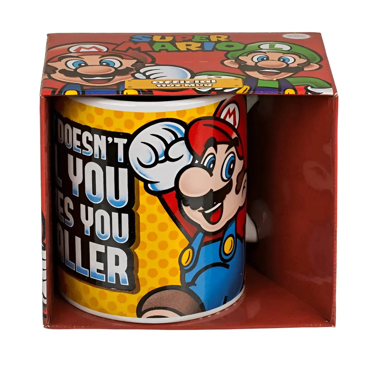 Eine gelbe keramiktasse mit mario-cartoon und schwarzem text für fans des offiziellen super mario ii lizenzprodukts