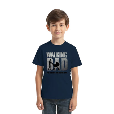Navyblaues kurzarmshirt mit walking dad motiv und vater mit kinderwagen aus der superdad statement collection