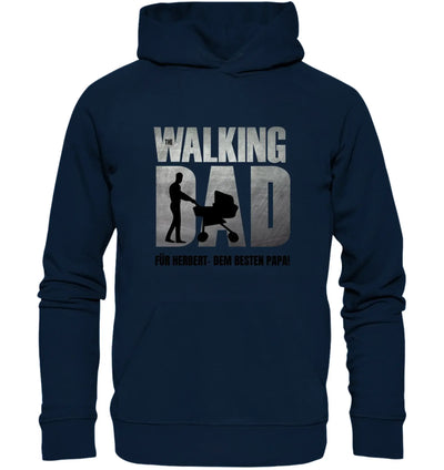 Dunkelblauer kapuzenpullover mit grafikprint the walking dad und silhouette eines mannes mit kinderwagen