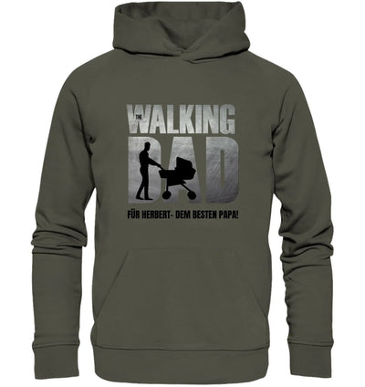 Olivegrüner hoodies mit kapuze und dem schwarzen grauen aufdruck the walking dad für herbert dem besten papa aus der superdad statement collection