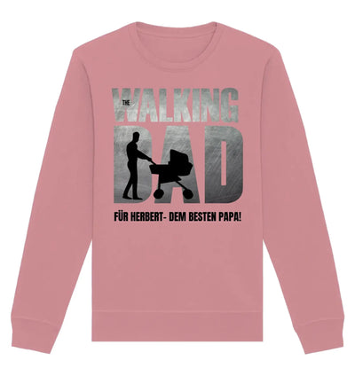 Soft pinkes langarm Sweatshirt mit metallgrauem the walking dad schriftzug und schwarzer silhouette von einem mann mit kinderwagen für herbert