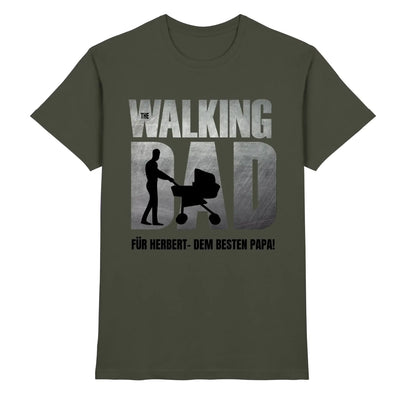 Olivegrünes baumwolltshirt mit grauem walking dad text und silhouette eines mannes mit kinderwagen aus der superdad vatertagskollektion