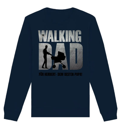 Navyblaue langarm Sweatshirt mit dem Motiv The walking dad und mann mit Kinderwagen für vatertag superdad statement collection