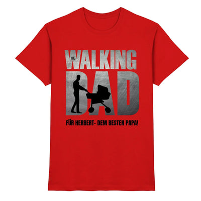 Rotes baumwoll t shirt superdad mit metallic silver walkender vater motiv und kinderwagen silhouette für vatertag