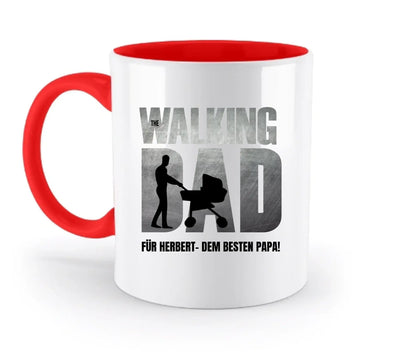 Weißer keramikbecher mit rotem griffinnen und silhouette eines mannes mit kinderwagen im wort dad beste papa vatertag