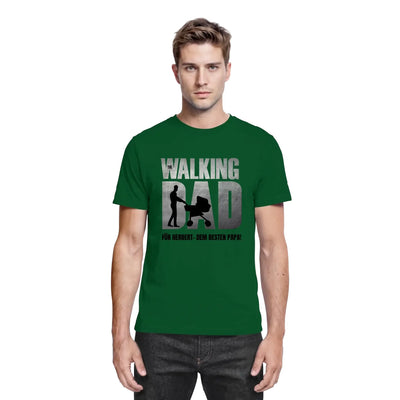 Grünes kurzarmshirt mit walking dad aufdruck und grafik eines mannes mit kinderwagen aus superdad vatertag kollektion