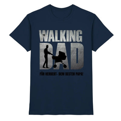 Navyblaues t-shirt aus baumwolle mit metallic silbernem the walking dad motiv und kinderwagen silhouette perfekt für vatertag