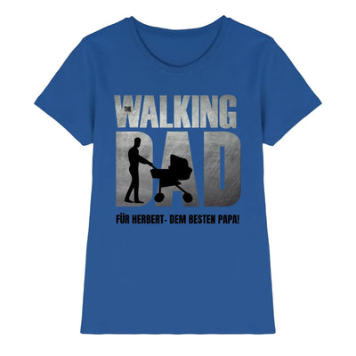 Blaues damen t shirt mit the walking dad motiv und silhouette eines mannes der kinderwagen schiebt ideal für vatertag