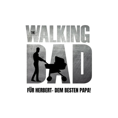 Das superdad walking dad t-shirt zeigt graue texturierte schrift mit schwarzen mann schiebend kinderwagen silhouetten