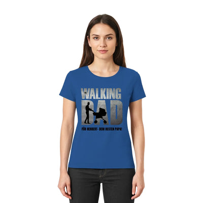 Blaues damen t shirt mit the walking dad grafik und silhouette die kinderwagen schiebt vatertag superdad Design