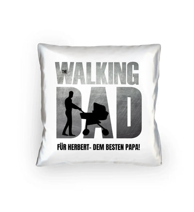 Weiße dekorative kissenhülle mit schwarzem mann silhouette und schriftzug the walking dad aus statement-collection