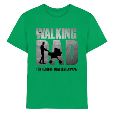 Leuchtendes grünes Baumwoll-T-Shirt mit metallic silber Text The walking dad und man Silhouette mit kinderwagen