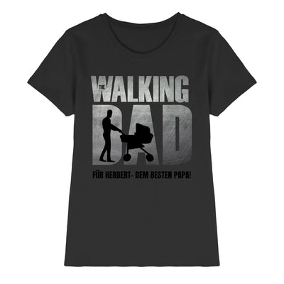 Schwarzes Damen- t-shirt mit grau the walking dad Grafik und Kinderwagen Silhouette aus der superdad statement collection für vatertag