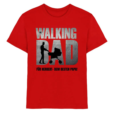 Rotes baumwollshirt aus der statement-collection mit metallic silber schwarzem walking dad motiv und kinderwagen silhouette