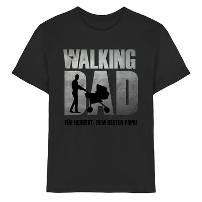 Schwarzes baumwoll t shirt mit grauem walking dad motiv und vater der kinderwagen schiebt aus der statement collection
