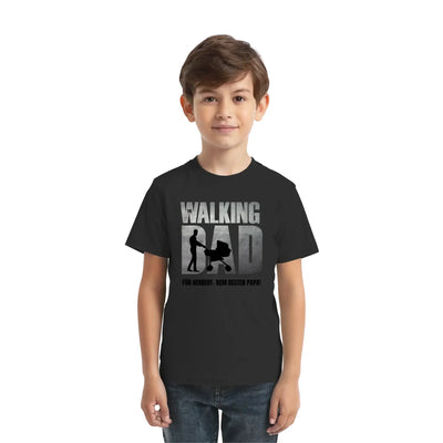 Schwarzes kurzarmshirt mit grauem walking dad motiv und silhouette von mann mit kinderwagen perfekt als vatertagsgeschenk