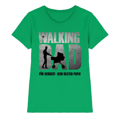 Leuchtendes grünes damen-t-shirt mit fettem the walking dad grafik und kinderwagen Silhouette für vatertag superdad collection
