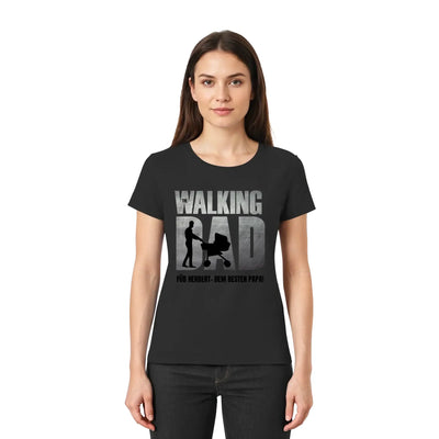 Schwarzes kurzarmshirt mit grauem walking dad print und vater mit kinderwagen motiv aus der superdad statement collection