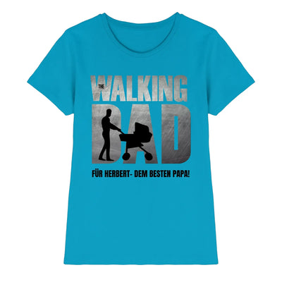 Türkisfarbenes damenshirt mit metallisch silberner aufschrift the walking dad und schwarzen silhouetten für vatertag
