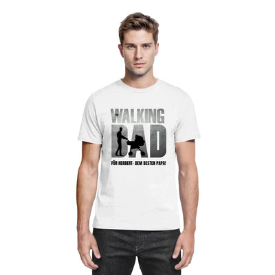 Weißes baumwoll-t-shirt mit schwarzem und grauem print the walking dad und Text für herbert dem besten papa