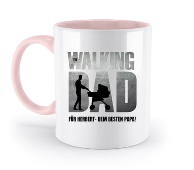 Weißkeramikbecher mit rosa innenfarbe und henkel mit grauer walking dad grafik für vatertag superdad motiv