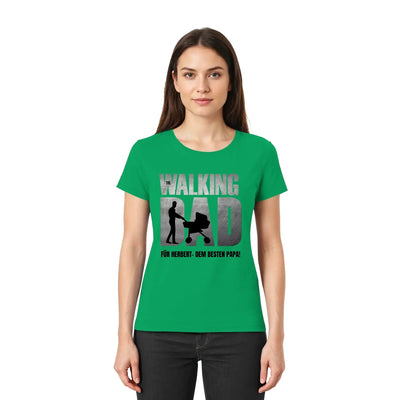 Grünes kurzarmshirt mit grafikthema the walking dad und vater mit kinderwagen superdad vatertag tshirt