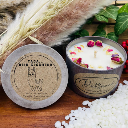 Tada - dein Geschenk - LUSTIGES Lama - personalisierbare PREMIUM Duftkerze mit verschiedenen Dekoren - handgemacht