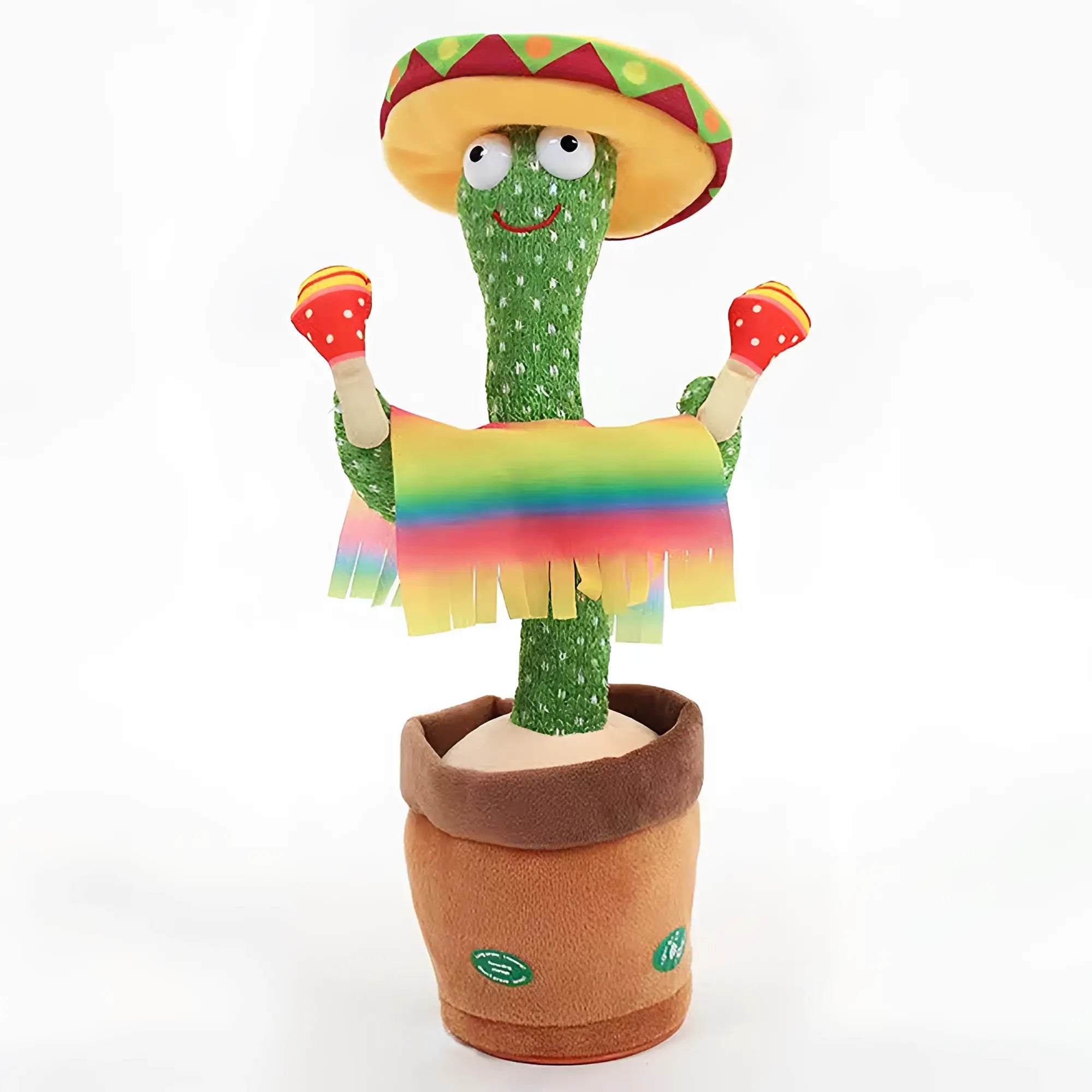 Grüner tanzender kuschelkaktus mit sound sprachaufzeichnung und laberfunktion trägt sombrero hält rasseln trägt bunter schal