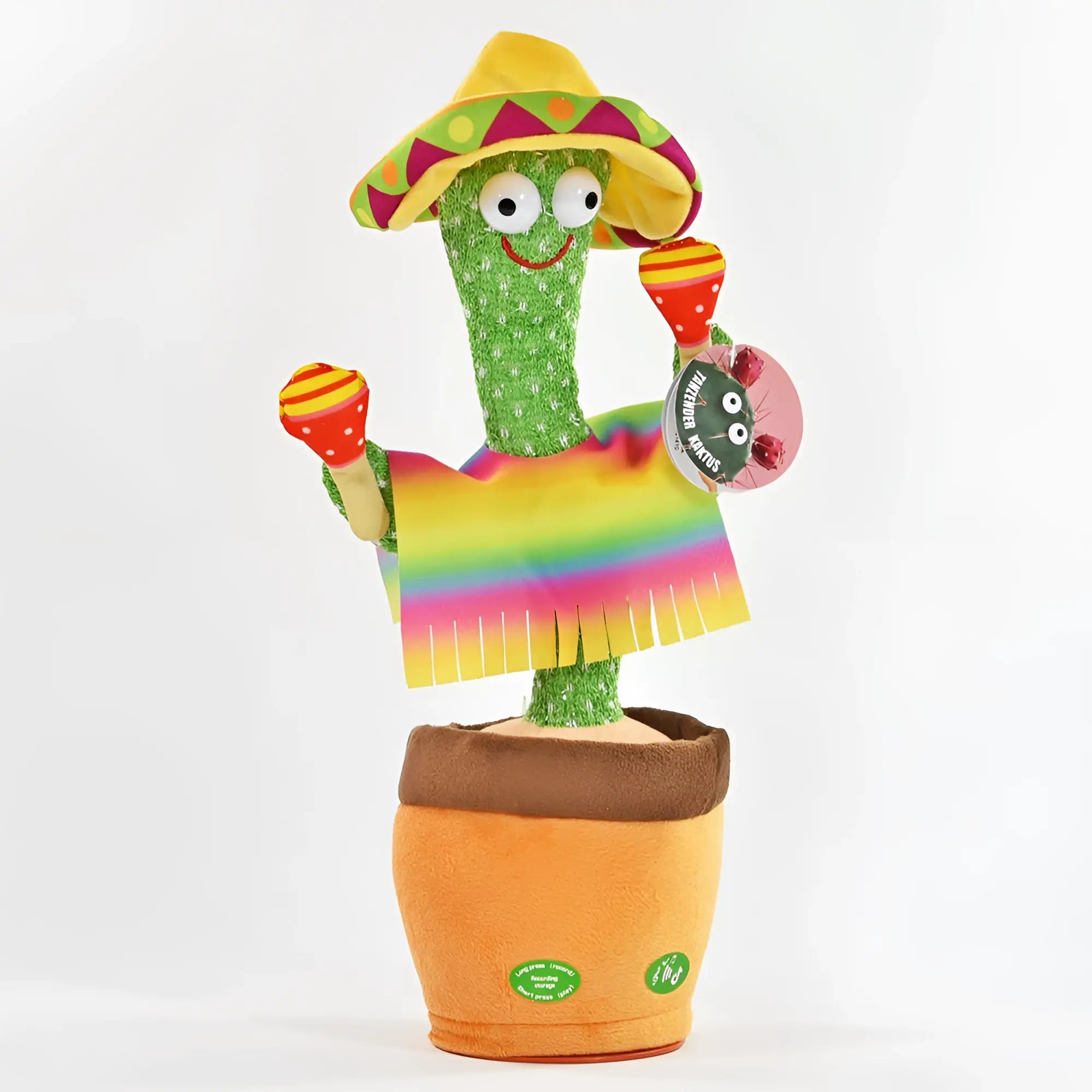 Ein grüner tanzender kaktus mit sound und laberfunktion trägt sombrero und hält rasseln im orange topf