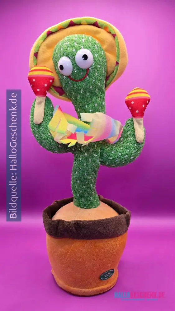 Tanzender Kaktus mit 3 Funktionen: Sound, Sprachaufzeichnung und Laberfunktion • inkl. Sombrero und Rasseln • 11x11x35 cm • Labertiere