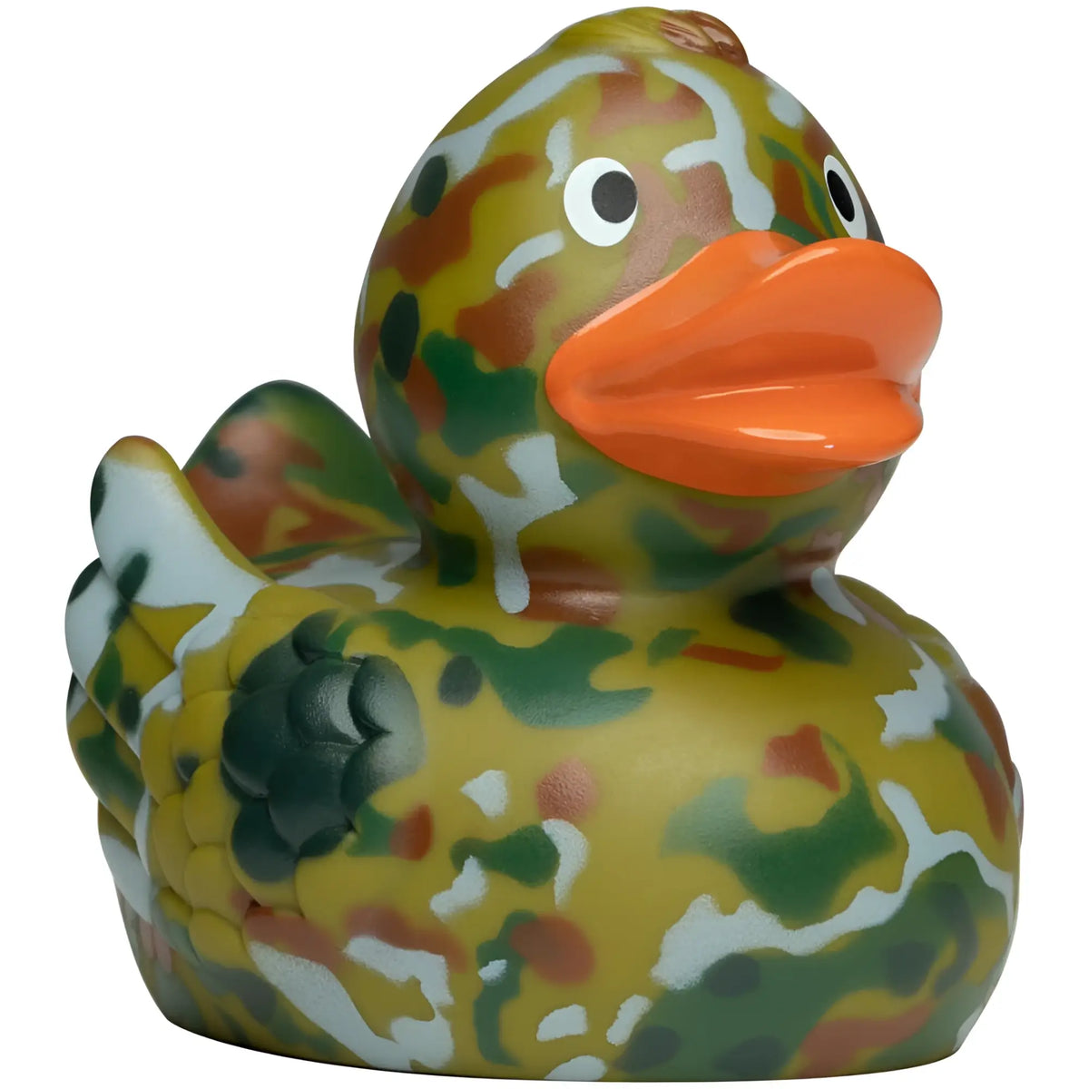 A tarnfleck quietsche-ente badeente mit camouflage muster in grün gelb braun und weiß und oranger schnabel