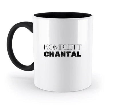 Weiße keramik Tasse mit schwarzem griff und innen mit komplett chantal in fetter schrift personalisierbar und spülmaschinenfest