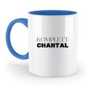 Weiße keramik tasse mit blauem griff und innenrand personalisierbar spülmaschinenfest mit text komplett chantal