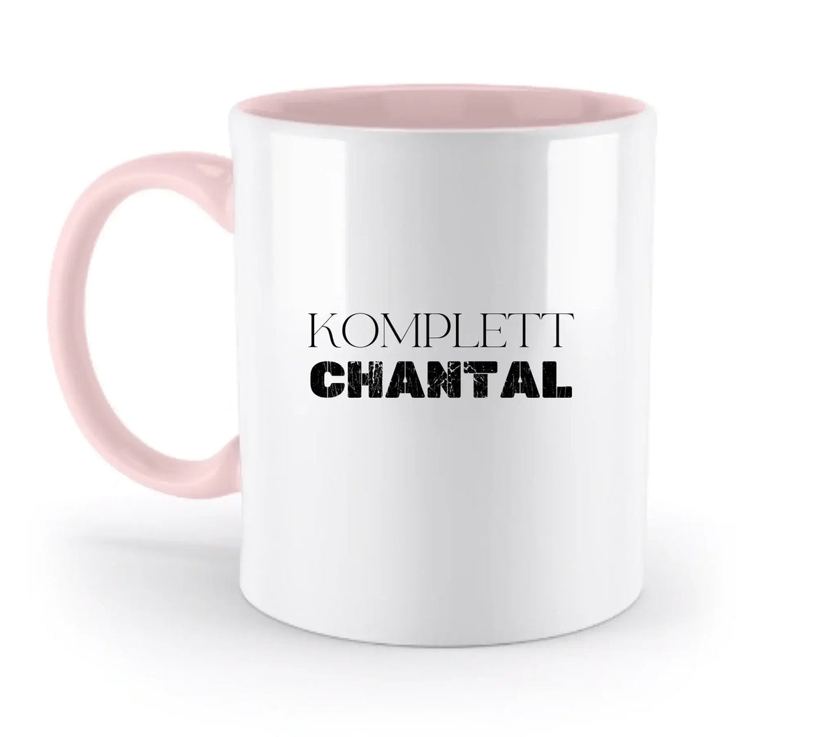 Weiße keramik tasse mit pinkem griff und innenbereich mit personalisierbarem namensmotiv komplett chantal