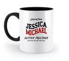 Weiße keramiktasse mit schwarzem griff und innenraum mit rotem und schwarzem dream team jessica michael text personalisierbar und spülmaschinenfest