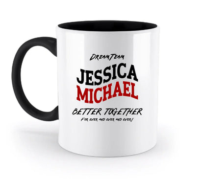 Weiße keramiktasse mit schwarzem griff und innenraum mit rotem und schwarzem dream team jessica michael text personalisierbar und spülmaschinenfest