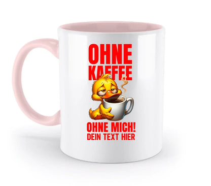 Weiße keramiktasse mit pinkem griff und innen mit gelber cartoonente und text ohne kaffee ohne mich personalisierbar