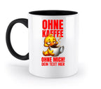 Weiße keramiktasse mit schwarzem griff und innen, lustiger gelber enten-cartoon und rotem deutschen text, spülmaschinenfest