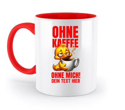Weiße keramiktasse mit rotem griff und innenfarbe mit lustigem gelbem entenmotiv und rotem text auf deutsch