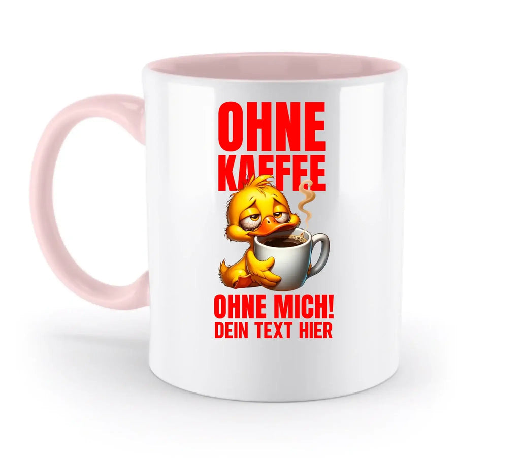 Weiße keramikmug mit pinkfarbenem griff und innenleben, gelbe comicente hält kaffeetasse, roter deutscher text, spülmaschinenfest