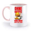 Weiße keramikmug mit pinkfarbenem griff und innenleben, gelbe comicente hält kaffeetasse, roter deutscher text, spülmaschinenfest