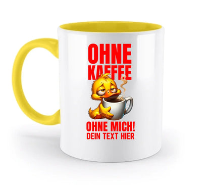 Weiße keramik tasse mit gelbem griff und innen, cartoon ente beim kaffee trinken, roter deutscher text, spülmaschinenfest