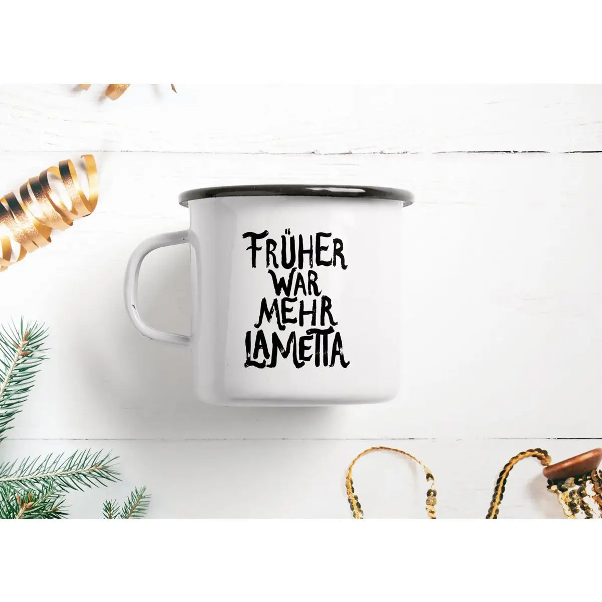 Tasse aus Emaille / Lametta