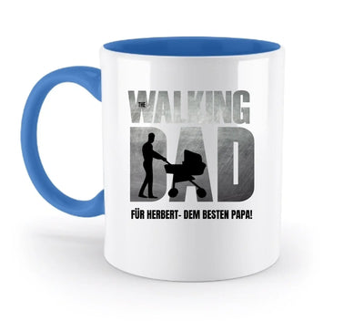 Weiße keramiktasse mit blauem griff und innenseite spülmaschinenfest mit walking dad motiv fürs vatertagsgeschenk