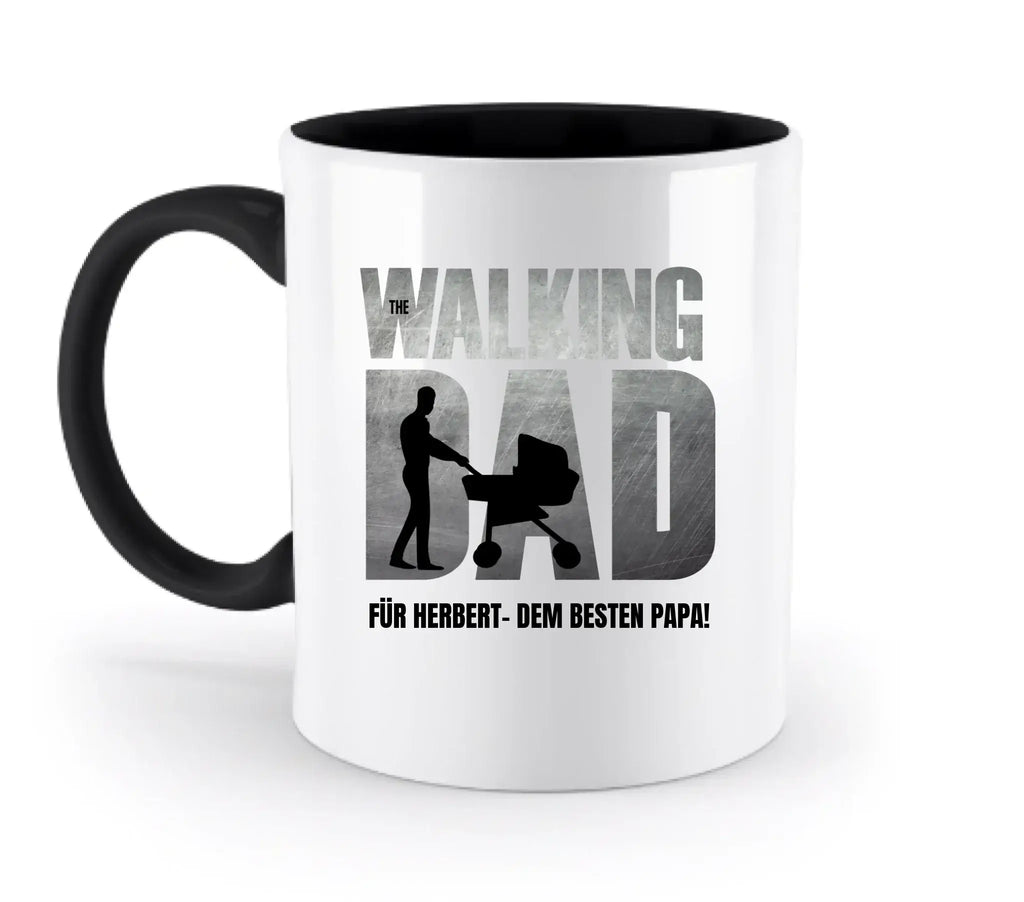 Weiße keramikmug mit schwarzem griff und innen, grauer grafik the walking dad und kinderwagen, spülmaschinenfest, vatertag