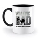 Weiße keramikmug mit schwarzem griff und innen, grauer grafik the walking dad und kinderwagen, spülmaschinenfest, vatertag
