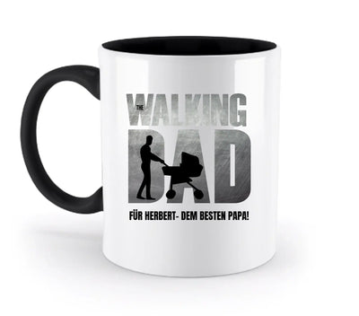 Weiße keramikmug mit schwarzem griff und innen, grauer grafik the walking dad und kinderwagen, spülmaschinenfest, vatertag