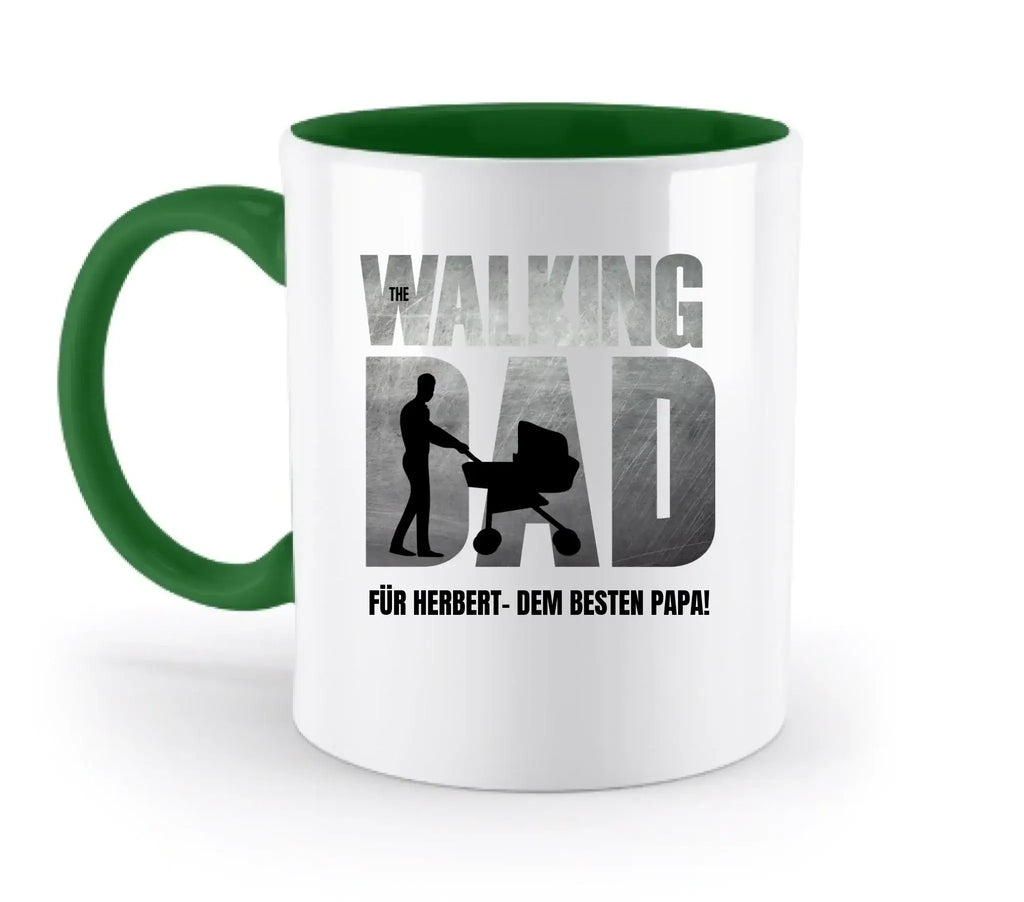 Weiße keramik tasse mit grünem griff und innen, spülmaschinenfest, motiv the walking dad für vatertag