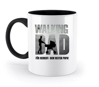 Weiße keramiktasse mit schwarzem griff und innenraum, grauer walking dad print, spülmaschinenfest, personalisierbar, vatertag
