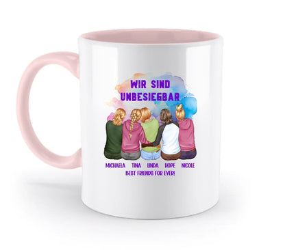 Weiße keramik tasse mit rosa griff und innerem, spülmaschinenfest, motiv besties 2-5 freundinnen vorn mit text wir sind unbesiegbar